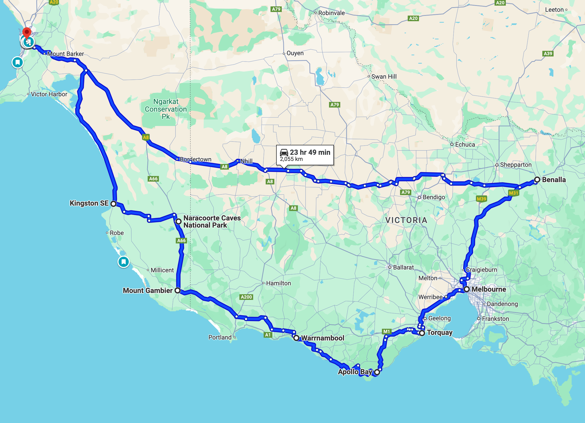 Map of our Road Trip. Adelaide to Benalle, Melbourne, along the Great Ocean Road and then home via Mount Gambier, Naracoorte and Kingston.